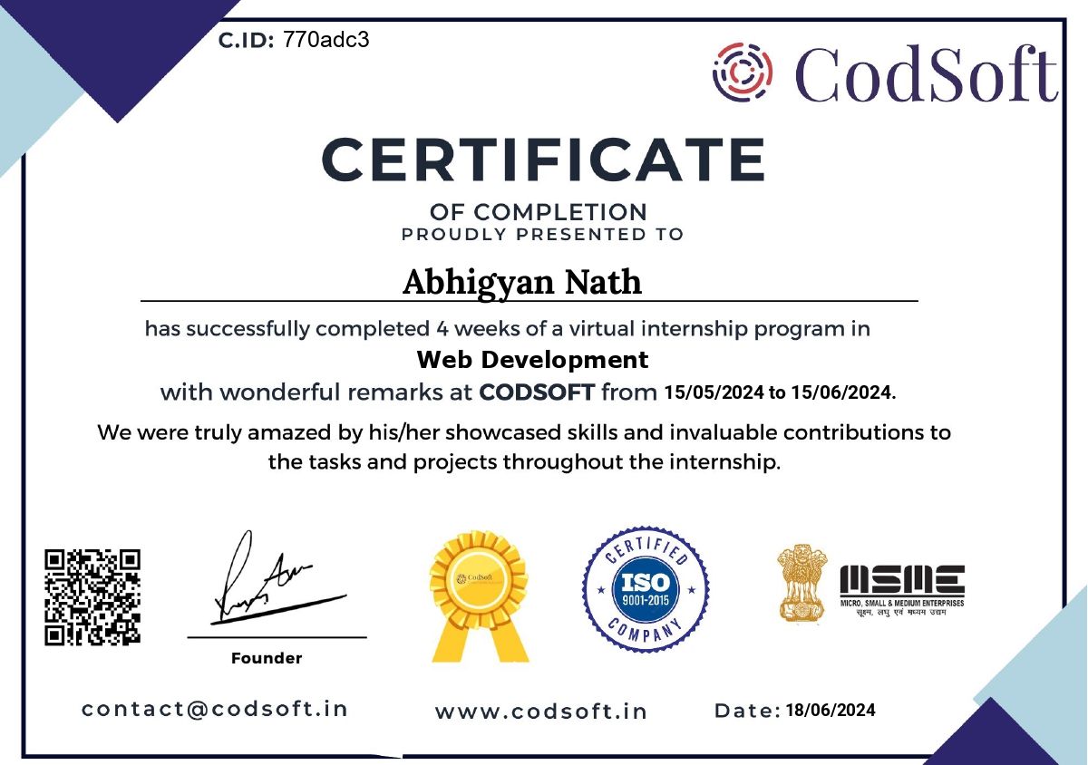 CodSoft Web Development internship certificate