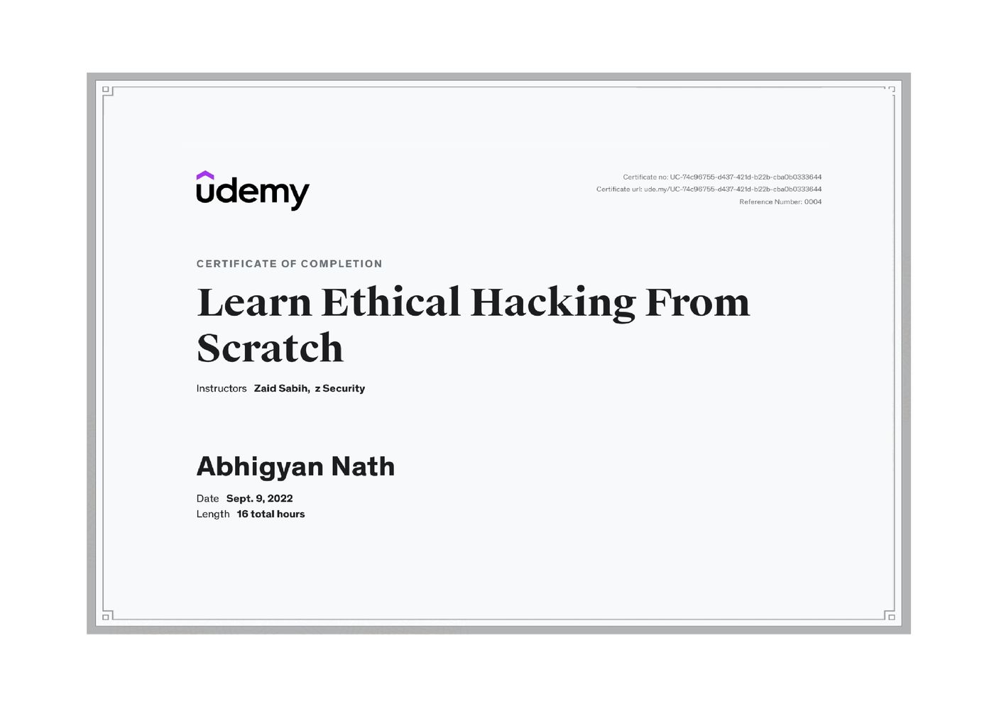 Learn Ethical Hacking From Scratch certificate