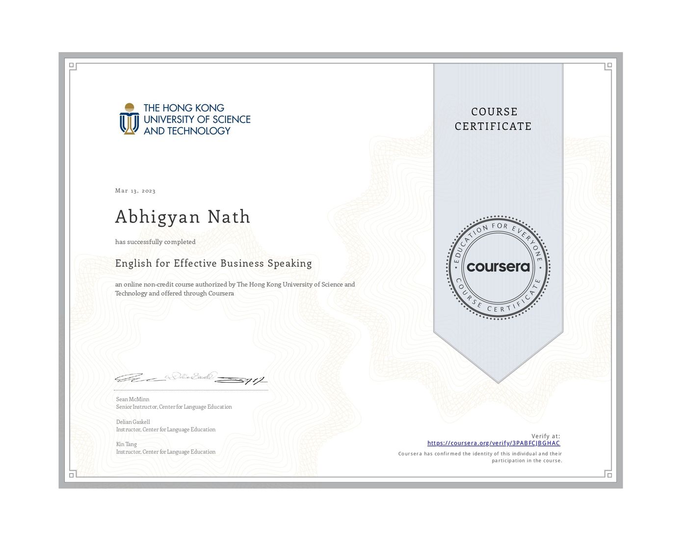 English for Effective Business Speaking certificate