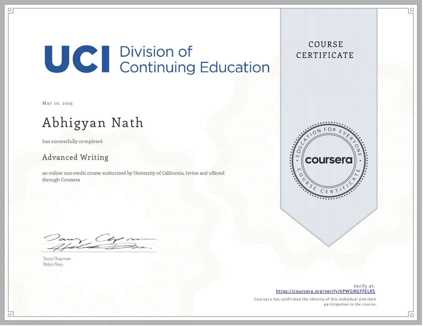Advanced Writing certificate