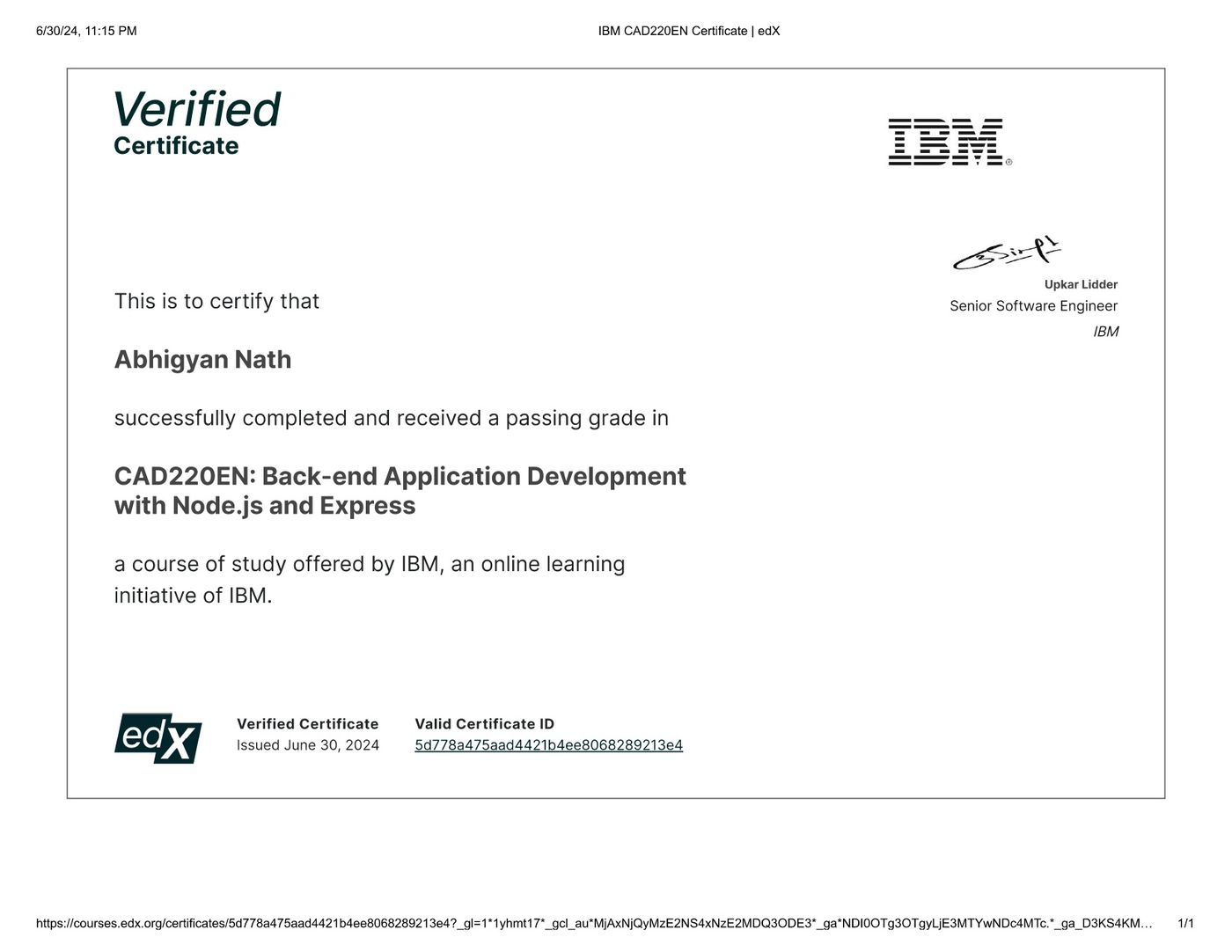 Back-end Development with Node.js & Express certificate