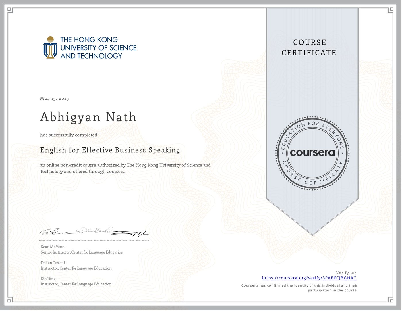 Effective Business Speaking certificate