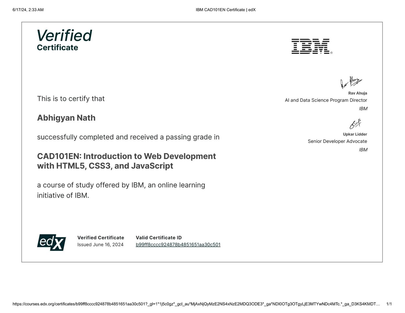 Web Development with HTML, CSS & JavaScript certificate