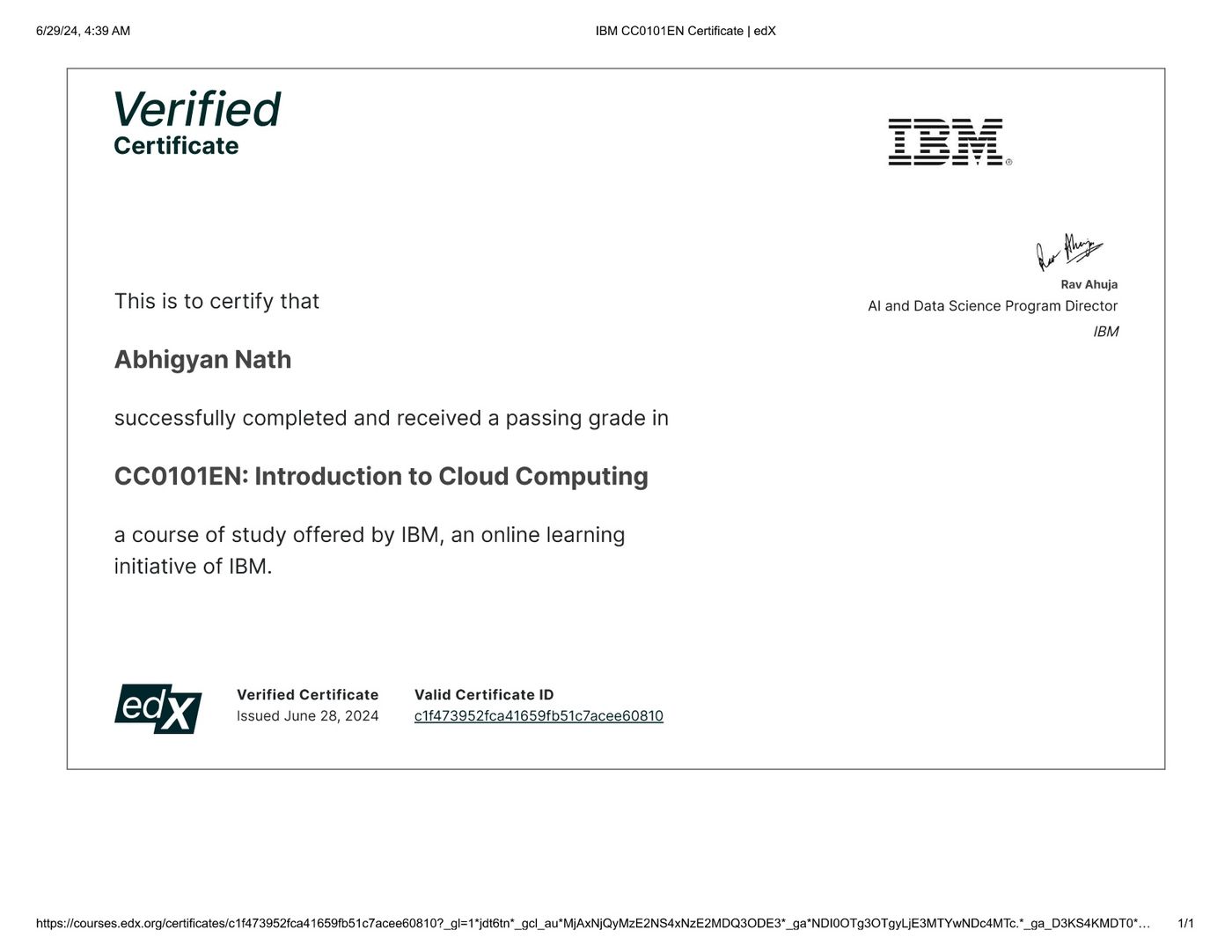 Introduction to Cloud Computing certificate