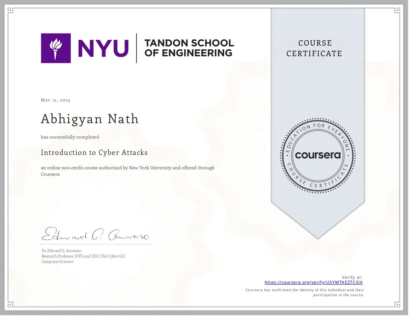 Introduction to Cyber Attacks certificate