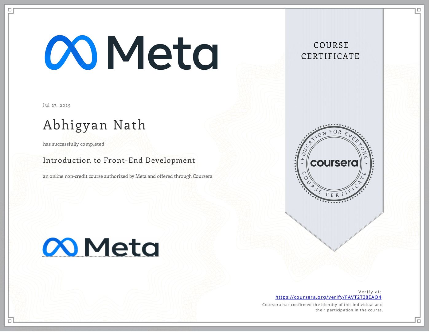 Introduction to Front-End Development certificate