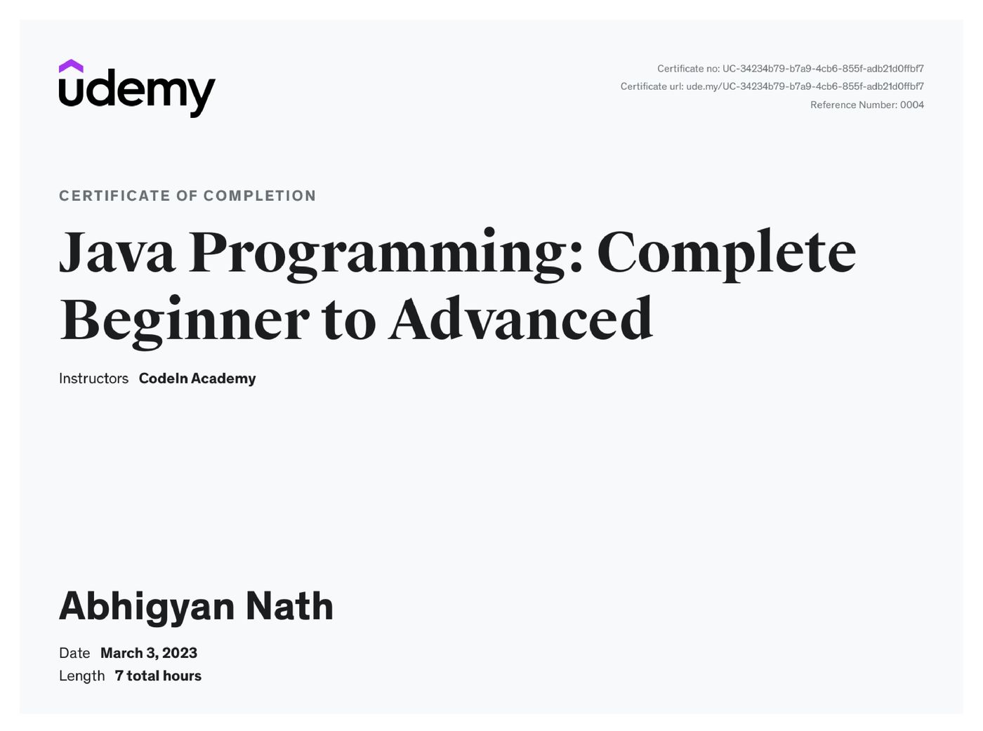 Java Programming: Beginner to Advanced certificate