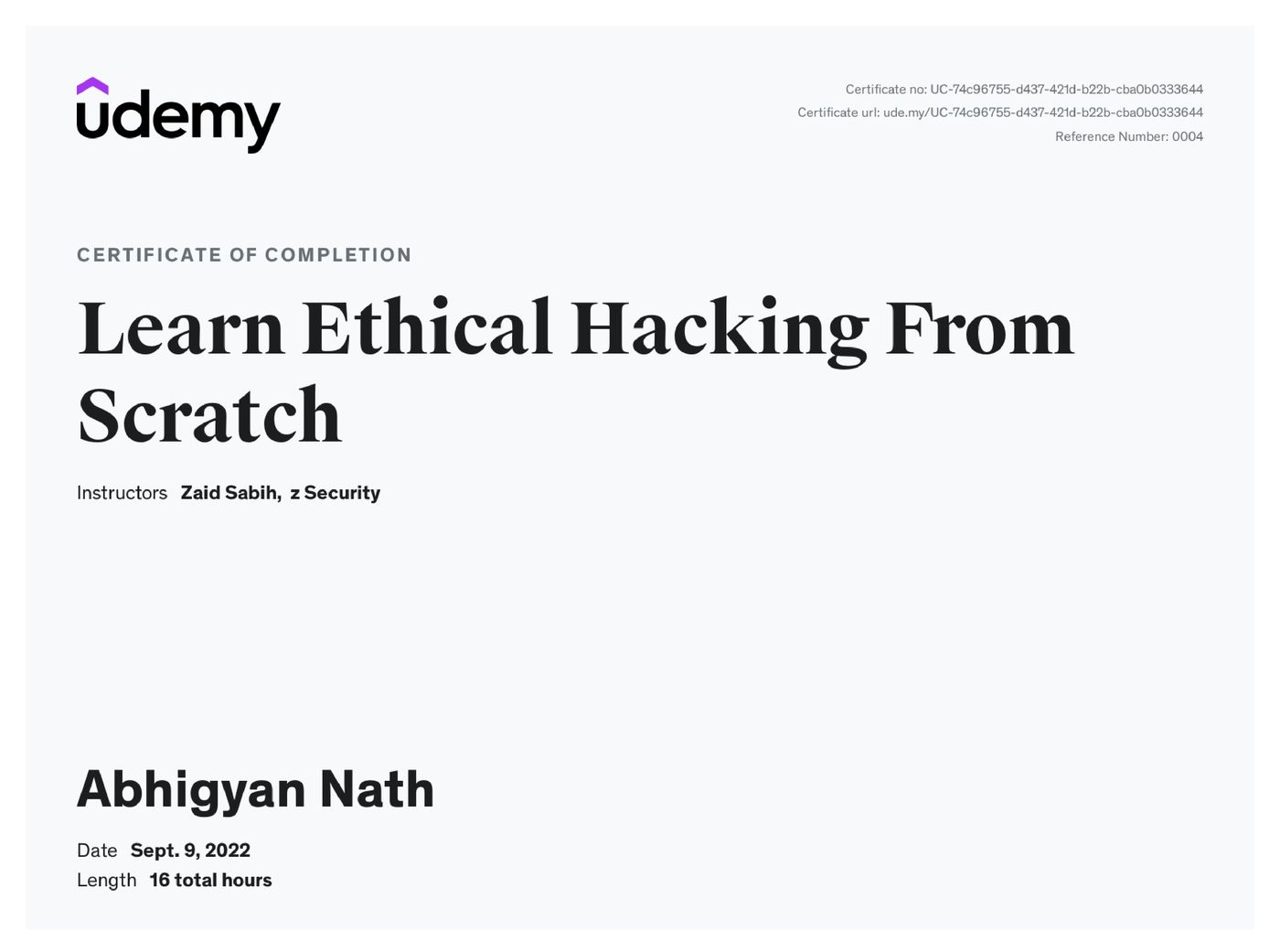 Learn Ethical Hacking From Scratch certificate
